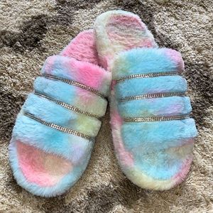 Rhinestone Tie Dye Decor Fluffy Slippers